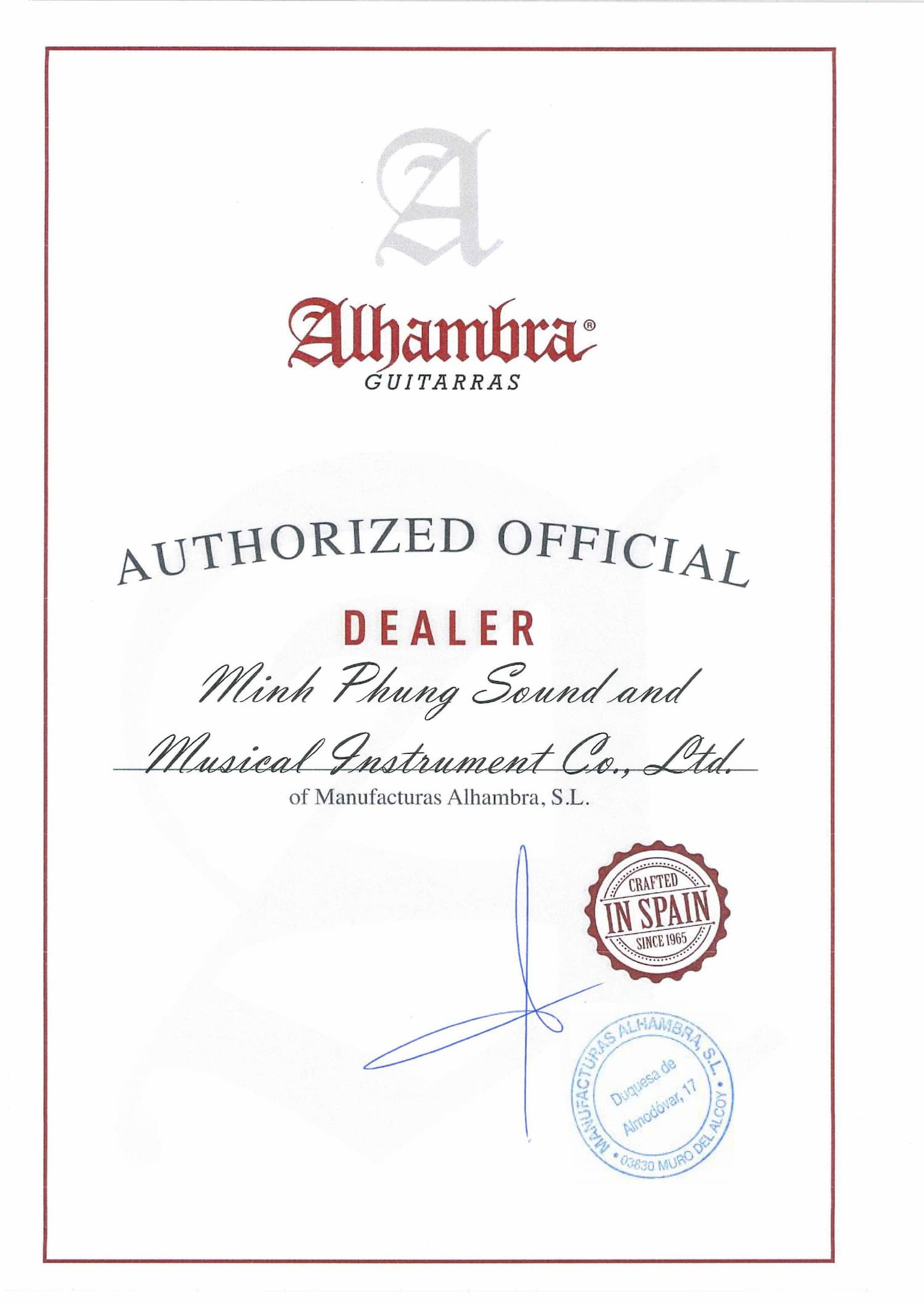 GIẤY CHỨNG NHẬN THƯƠNG HIỆU ĐÀN GUITAR ALHAMBRA